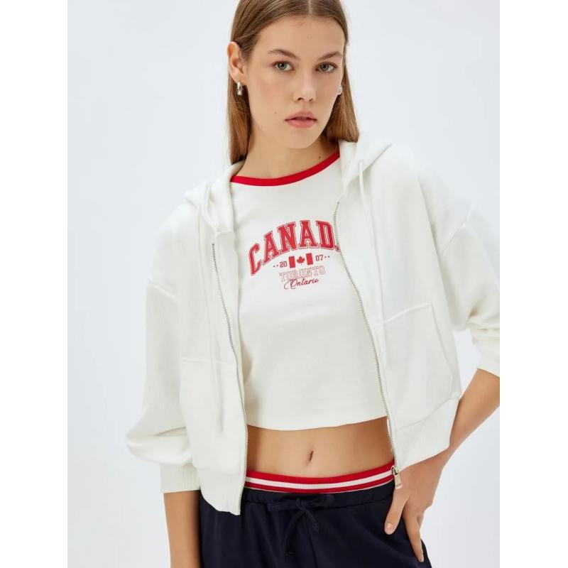 Koton Cepli Uzun Kollu Kadın Crop Fermuarlı Sweatshirt 5WAK10056EK (5WAK10056EK) Ekru